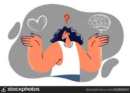 Woman chooses between mind and heart and is embarrassed by desire to maintain balance in work and personal life. Thoughtful girl balance making decision between emotions and pragmatic plans. Woman chooses between mind and heart and is embarrassed by desire to maintain balance