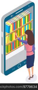 Woman chooses book in digital online library or bookstore in smartphone app. Distance education with modern technology in phone. Guy looks at screen with virtual bookshelves and stacks of books. Girl looks at screen with virtual bookshelves and stacks of books. Woman chooses book in online library