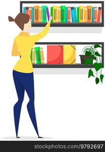 Woman chooses book on shelf. Literature for reading, education. Bookshelves with textbooks, manuals, fiction. Lady takes book from bookshelf. Paper edition, reading literature vector illustration. Woman chooses book on shelf. Literature for reading, paper edition of textbooks, fiction concept