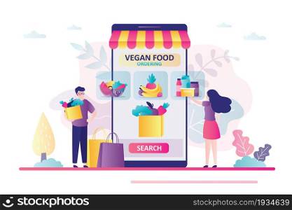 Woman chooses vegan foods over the internet. Male character stands with package of natural products. Searching healthy food in grocery online store. Banner in trendy style. Flat vector illustration. Woman chooses vegan foods over the internet. Male character stands with package of natural products