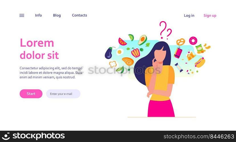 Woman choosing between healthy and unhealthy food. Character thinking over organic or junk snacks choice. Vector illustration for good vs bad diet, lifestyle, eating concepts