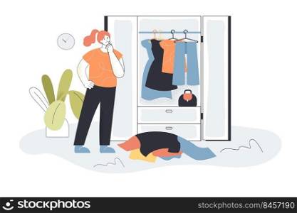 Woman choosing clothes from wardrobe. Female character picking outfit, pile of clothes, closet flat vector illustration. Organization, fashion concept for banner, website design or landing web page