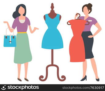 Woman choosing dress, clothes on mannequin and hanger, seller and buyer. Sale old collection, fashion store, female with handbag, people buying. Shopping in sale season. Vector in flat cartoon style. Female Buying Dress, Shopper Woman, Market Vector