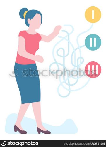 Woman choosing from options. Strategy decision making. Vector illustration. Woman choosing from options. Strategy decision making