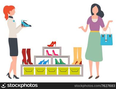 Woman choosing shoes in fashion store. Female customer and shop assistant. Girl buying high heels or boots, boutique showcase vector illustration. Woman Choosing Shoes in Fashion Boutique Vector