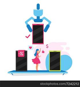 Woman choosing smartphone flat vector illustration. Girl buying phone in appliance store cartoon characters. Consumer in store selecting cell phone. Customer, teenager doing purchases in mall