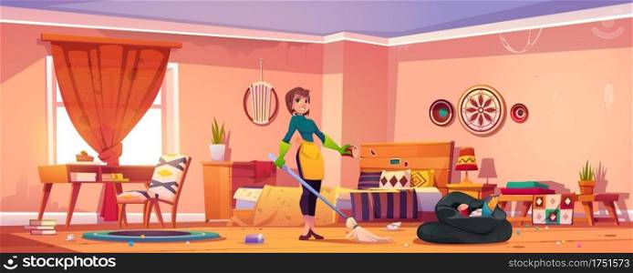 Woman clean bedroom in bohemian style. Mother, housewife or cleaning service staff with broom wear rubber gloves and apron stand in messy boho interior with scatter garbage Cartoon vector illustration. Woman clean bedroom in bohemian style, messy room