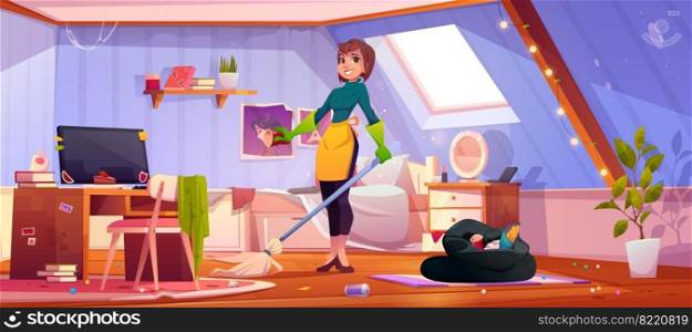 Woman clean teenager room, mother, housewife or cleaning service staff with broom wear rubber gloves and apron stand in messy interior with scatter garbage. Household chore Cartoon vector illustration. Woman clean teenager room, mother or housewife