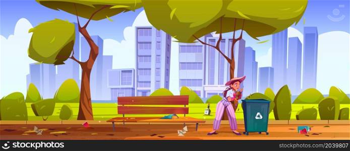 Woman clean up city park. Girl collect garbage in public garden and put to recycling container. Polluted urban area with wastes lying on bench, ground and under trees, Cartoon vector illustration. Woman clean up city park. Girl collect garbage