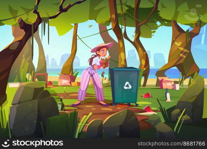Woman clean up forest and beach area. Girl at ocean shore polluted with plastic garbage. Sea side with different kinds of trash and wastes under trees. Ecology pollution, Cartoon vector illustration. Woman clean up forest and beach, polluted shore