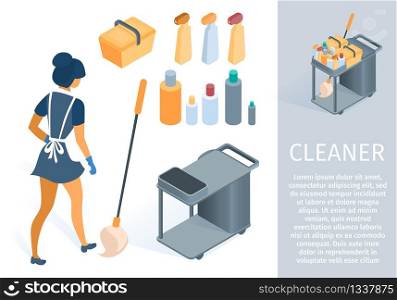Woman Cleaner with Cleaning Trolley Mop Household Supplies Equipment Tools Vector Isometric Illustration. Maid in Uniform Cartoon Character. Professional Cleaning Service Staff with Janitor Cart. Maid in Uniform with Cleaning Trolley Cartoon