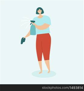 Woman cleaning a house. Housewife with a rag and a spray in her hands. The concept of home cleaning and cleanliness. Flat vector illustration on a light blue background.