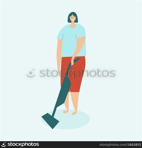Woman cleaning a house. Housewife with hands vacuum cleaner. Concept of home cleaning and cleanliness. Flat vector illustration on light blue background.