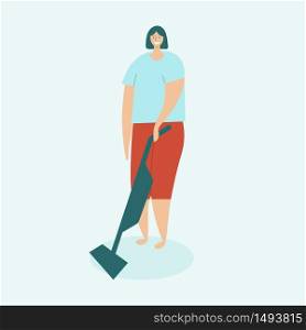 Woman cleaning a house. Housewife with hands vacuum cleaner. Concept of home cleaning and cleanliness. Flat vector illustration on light blue background.