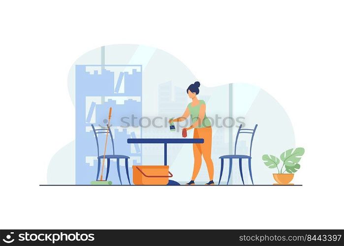 Woman cleaning and washing home. Table, apartment, house flat vector illustration. Housekeeping and housework concept for banner, website design or landing web page