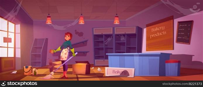 Woman cleaning dirty bakery shop with empty shelves, mess and trash. Vector cartoon illustration with old bakery store interior and girl cleaner with mop and bucket. Woman cleaning old dirty bakery shop
