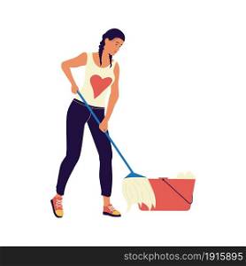 Woman cleaning floor with mop. Cartoon female character mopping. Isolated girl washing room with wet brush and bucket. Maid occupation. Cute cleaner doing routine housework. Vector housekeeping. Woman cleaning floor with mop. Cartoon female character mopping. Isolated girl washing room with brush and bucket. Maid occupation. Cleaner doing routine housework. Vector housekeeping