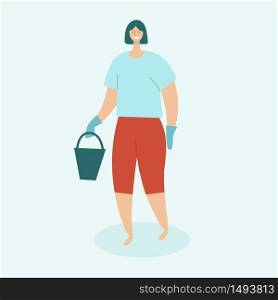 Woman cleaning house. Housewife in rubber gloves holds a bucket. Concept of home cleaning and cleanliness. Flat vector illustration on light blue background.