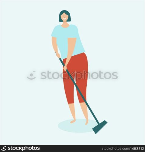 Woman cleaning the house. Housewife mops the floor. The concept of home cleaning and cleanliness. Flat vector illustration on a light blue background.