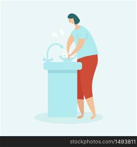 Woman cleaning the house. Housewife washing dishes in the sink. The concept of home cleaning and cleanliness. Flat vector illustration on a light blue background.