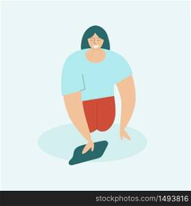 Woman cleaning the house. Housewife washing the floor with a rag. The concept of home cleaning and cleanliness. Flat vector illustration on a light blue background.