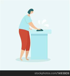 Woman cleaning the house. Housewife washing the table with a rag. The concept of home cleaning and cleanliness. Flat vector illustration on a light blue background.