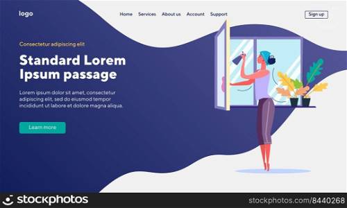 Woman cleaning window. Housewife washing glass, cleaner. Flat vector illustrations. Housekeeping, hygiene, housework concept for banner, website design or landing web page