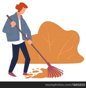 Woman cleaning yard in autumn, yard work raking dry leaves outdoors. Fall season chores, female personage with rake instrument, leafage and maintenance of garden with bush, vector in flat style. Autumn chores, character raking dry leaves cleaning yard