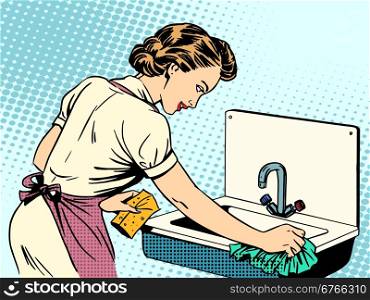 woman cleans kitchen sink cleanliness housewife housework comfor. woman cleans kitchen sink cleanliness housewife housework comfort retro style pop art