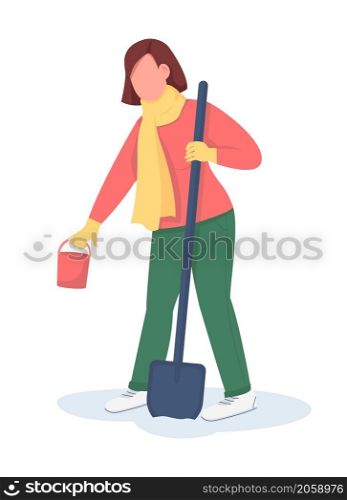 Woman clearing snow semi flat color vector character. Dynamic figure. Full body person on white. Winter cleaning isolated modern cartoon style illustration for graphic design and animation. Woman clearing snow semi flat color vector character
