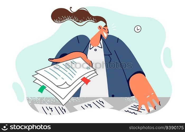 Woman clerk is doing paperwork in office standing near desk with documents and reports waiting for director signature. Smiling girl works as clerk in corporation and helps boss sort out correspondence. Woman clerk is doing paperwork in office standing near desk with documents and reports