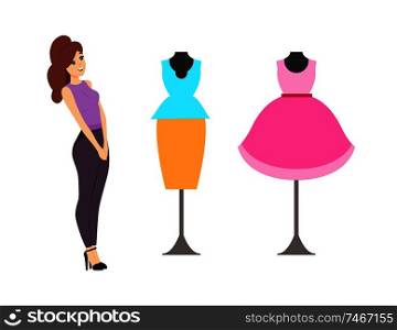 Woman client, customer shopping looking at mannequins store vector. Showcase with clothes suit made up of skirt and blouse. Dress robe casual clothing. Woman Shopping Looking at Mannequins Store Vector