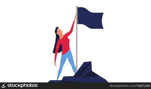 Woman climbed to the top mountain with flag flat illustration achievement concept. Business goal leadership career winner. Climb growth employee motivation vision. Up hill direction challenge peak