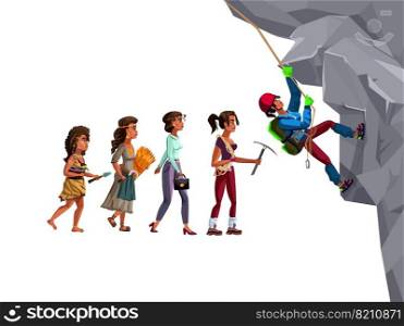 Woman climber evolution time line vector cartoon illustration concept Female development process from Stone Age human, farmer to modern fashion woman and girl with rope and pick climbing mountain. Woman evolution time line vector cartoon