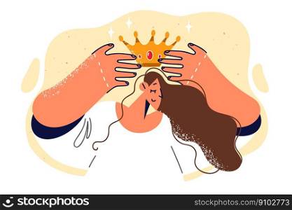 Woman closes eyes and puts golden crown on head to demonstrate status and ambitions. Ambitious woman with leadership qualities holds royal crown symbolizing narcissism and love of power. Woman closes eyes and puts golden crown on head to demonstrate status and ambitions
