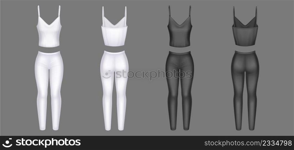 Woman clothes 3d vector tight pants and sleeveless tank top blank mockup. White avd black female apparel realistic template front and rear view. Girls summer garment, isolated outfit design mock up. Woman clothes 3d vector tight pants and tank top