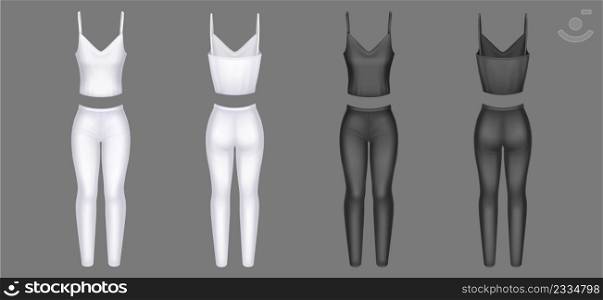 Woman clothes 3d vector tight pants and sleeveless tank top blank mockup. White avd black female apparel realistic template front and rear view. Girls summer garment, isolated outfit design mock up. Woman clothes 3d vector tight pants and tank top