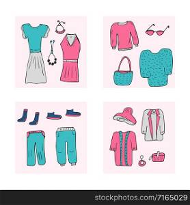 Woman clothes and accessories card set in doodle style. Collection of female fashion symbols. Vector color illustration.