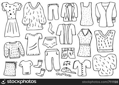 Woman clothes and accessories set in doodle style. Collection of female fashion symbols isolated on white background. Vector illustration.