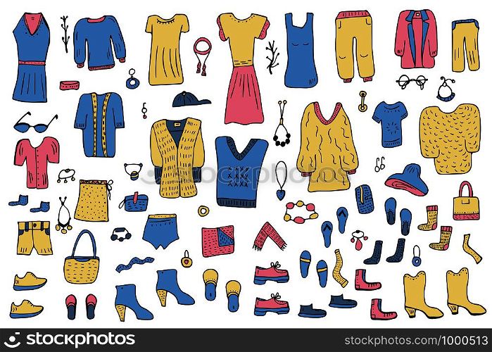 Woman clothes and accessories set in doodle style. Collection of female fashion symbols. Vector color illustration.