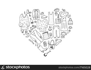 Woman clothes and accessories set in doodle style. Heart shape print of female fashion symbols. Vector black and white design illustration.