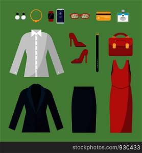 Woman clothes. Fashion business style for female office managers directors wardrobe skirt suit jacket hat bag vector top view illustrations. Business female dress and clothing, blouse and accessories. Woman clothes. Fashion business style for female office managers directors wardrobe skirt suit jacket hat bag vector top view illustrations