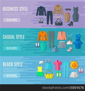 Woman Clothes Horizontal Banners Set. Fashion styles collection banners set of business beach and casual woman clothes flat vector illustration