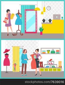 Woman clothes shop. Fashion boutique sale concept. Customer and seller. Girl trying on dress. High heeled shoes and hat in store vector illustration. Season sale. Woman Clothes Shop Boutique Sale Vector Image