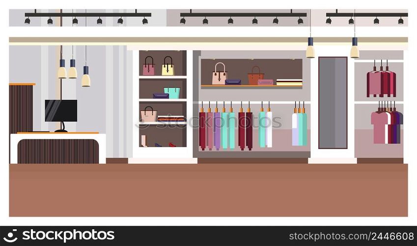 Woman clothing store interior with checkout counter, bags on shelves and clothes on hangers vector illustration. Woman boutique. Shopping concept. For websites, wallpapers, posters or banners.