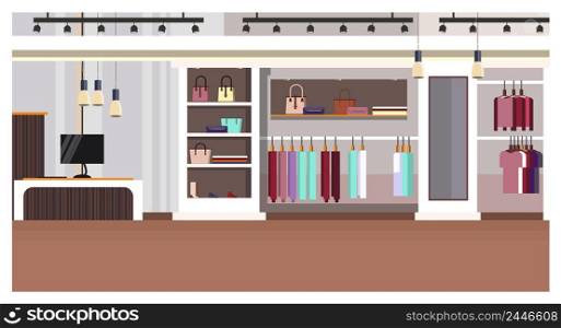 Woman clothing store interior with checkout counter, bags on shelves and clothes on hangers vector illustration. Woman boutique. Shopping concept. For websites, wallpapers, posters or banners.