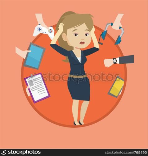 Woman clutching head and many hands with modern gadgets around her. Woman surrounded with gadgets. Woman using electronic gadgets. Vector flat design illustration in the circle isolated on background.. Young woman surrounded with her gadgets.