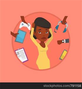 Woman clutching head and many hands with modern gadgets around her. Woman surrounded with gadgets. Woman using electronic gadgets. Vector flat design illustration in the circle isolated on background.. Young woman surrounded with her gadgets.