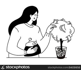 Woman collecting cash from Money tree. Profit, Successful Investment, wealth and Money growth concept. Monochrome doodle vector illustration on white background.