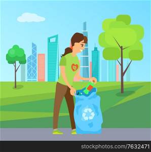 Woman collecting garbage into sack, put empty can into bag with litter. Volunteer in uniform clean nature, person protect environment in park with buildings on backdrop. Cleaning up the Environment, Woman Collect Garbage